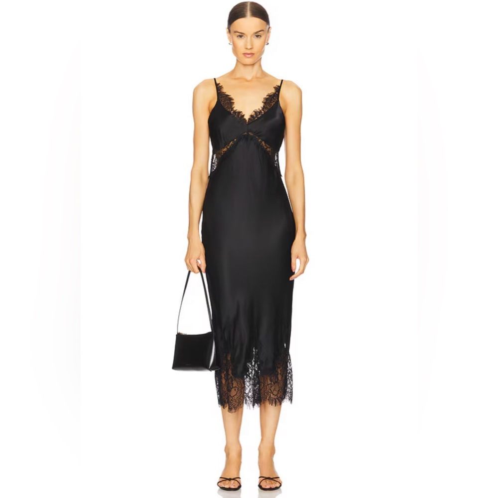 NWT Silk Lace Trim Midi Dress in Black L’Agence